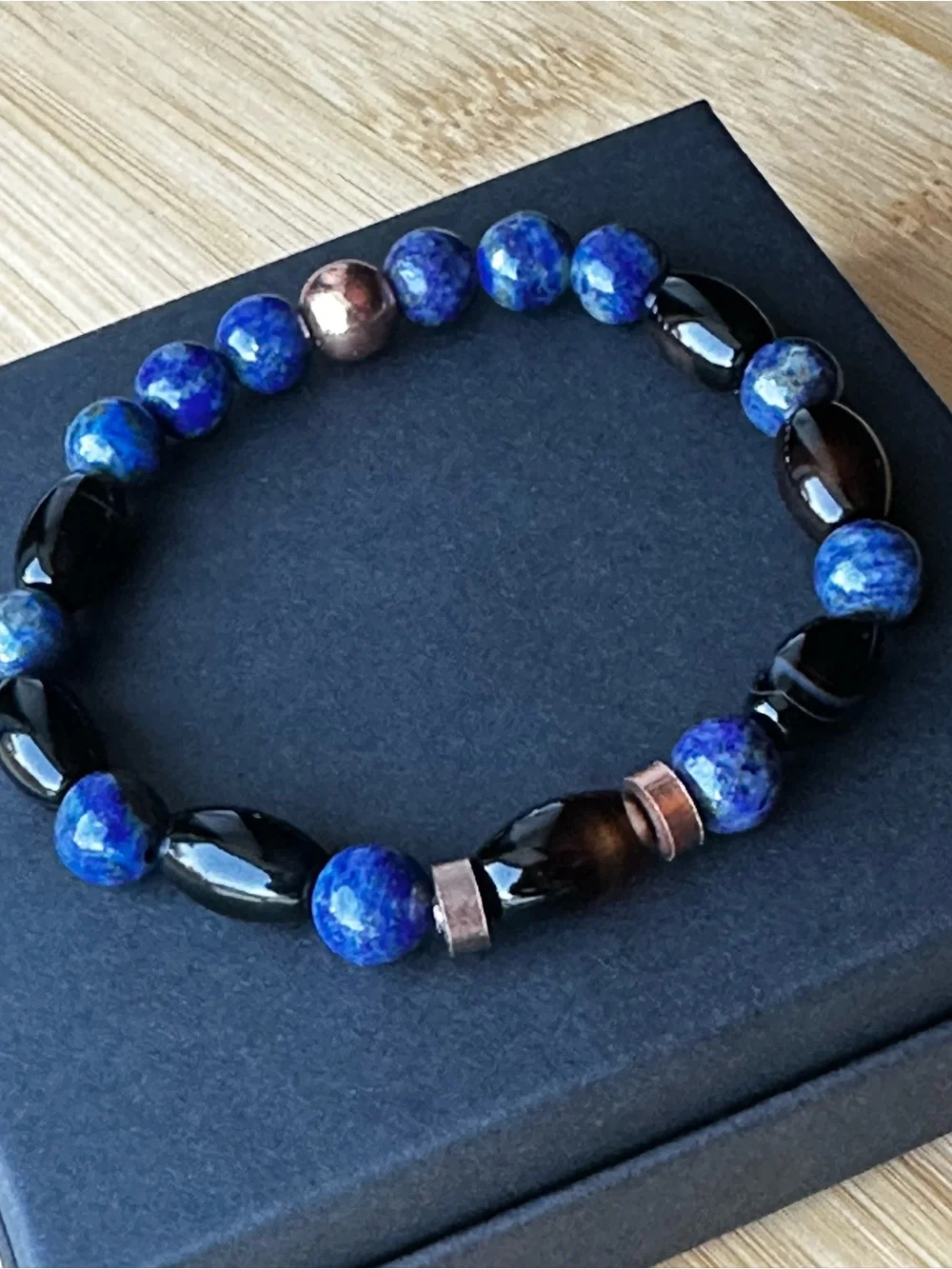 Hand Crafted Blue Lapis, Black Agate & Copper Men's Beaded Bracelet